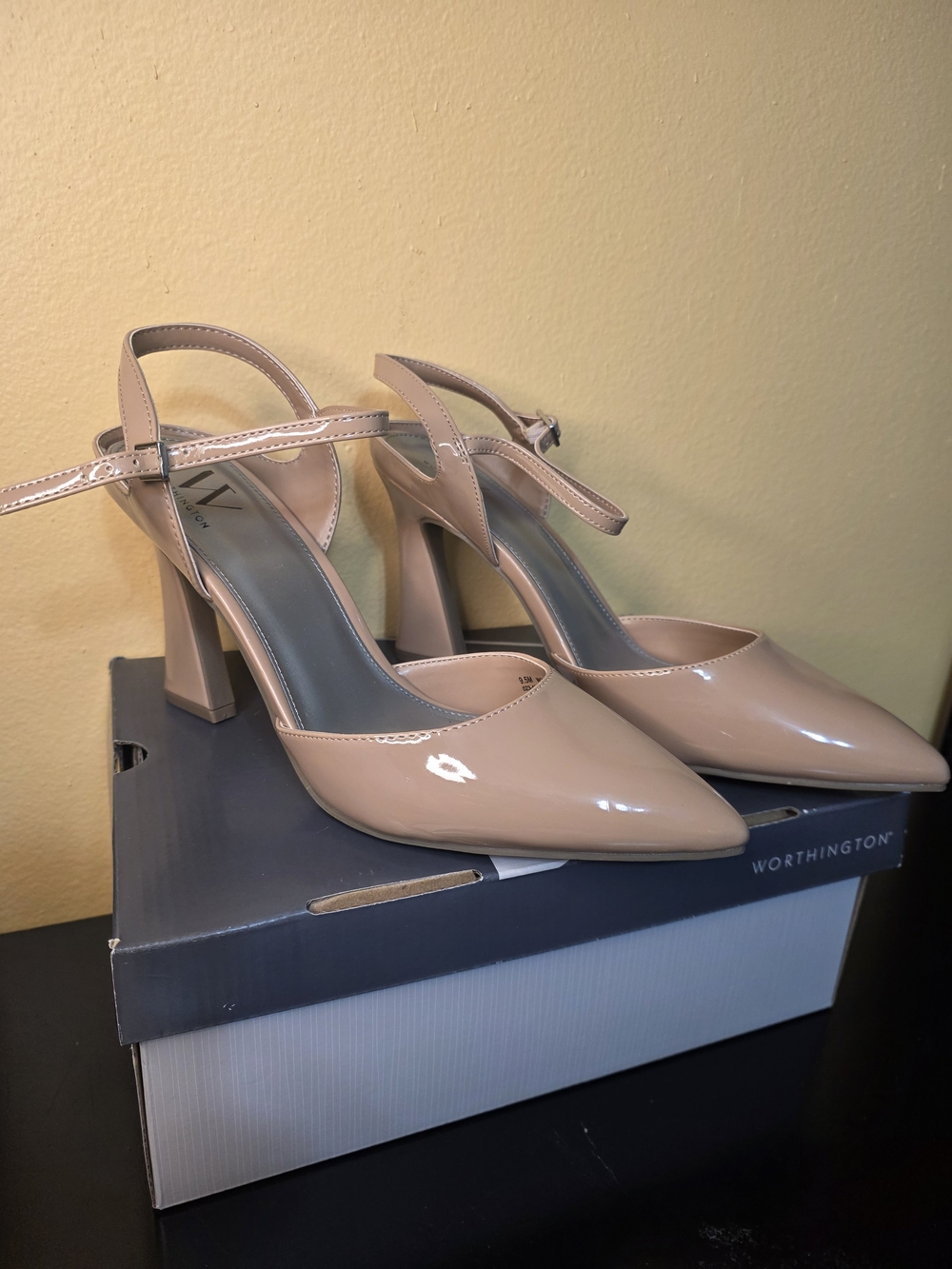 Worthington Nude Patent Pointed-Toe Block Heel Pumps